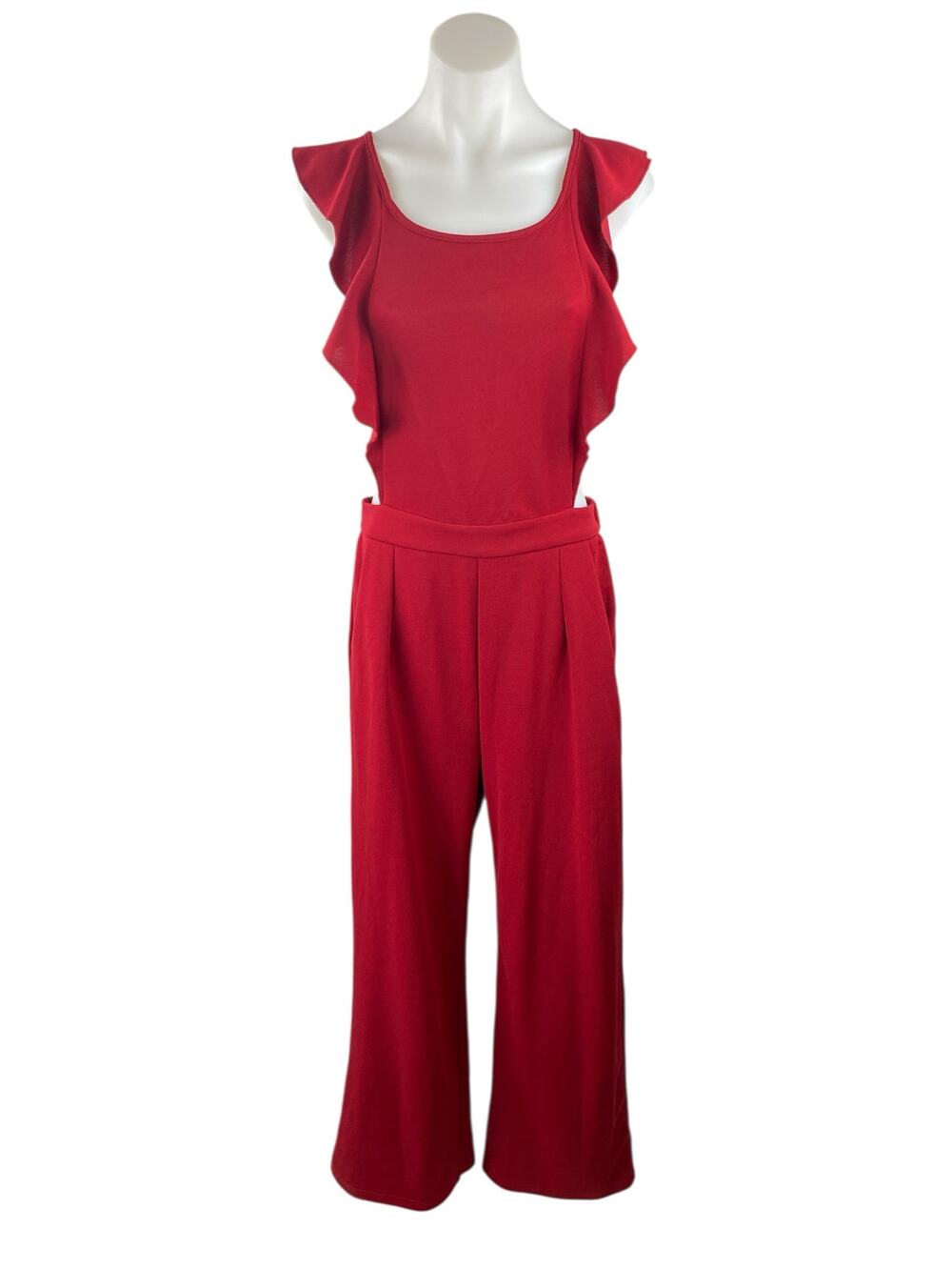 NEW PrettyGarden Red Sleeveless Ruffle Cutout Tie Back Wide Leg Jumpsuit Size M